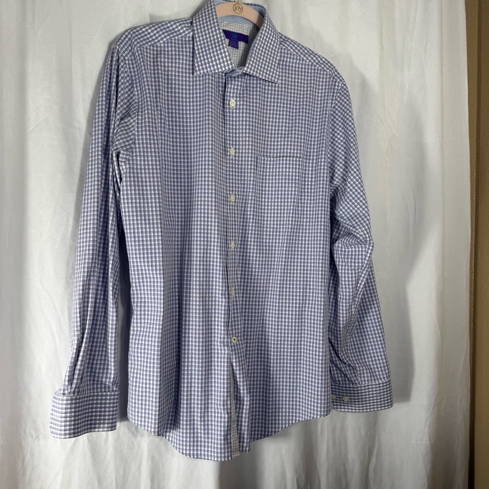 What’s Mens Blue Plaid Long Sleeve Collared Button Up Dress Shirt Fitted Office